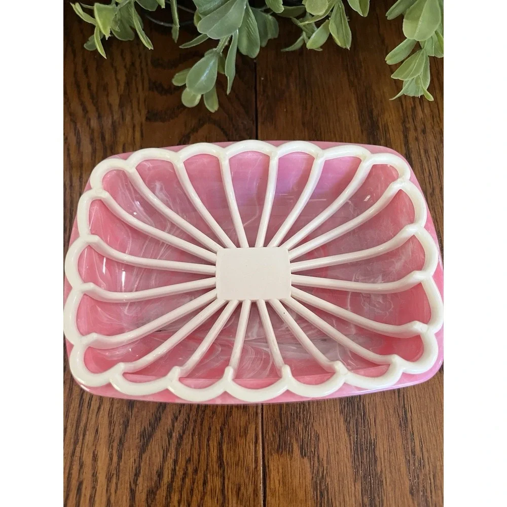 Vintage 60s Pink White Marbled Plastic Soap Dish Removable Drain Tray Retro New